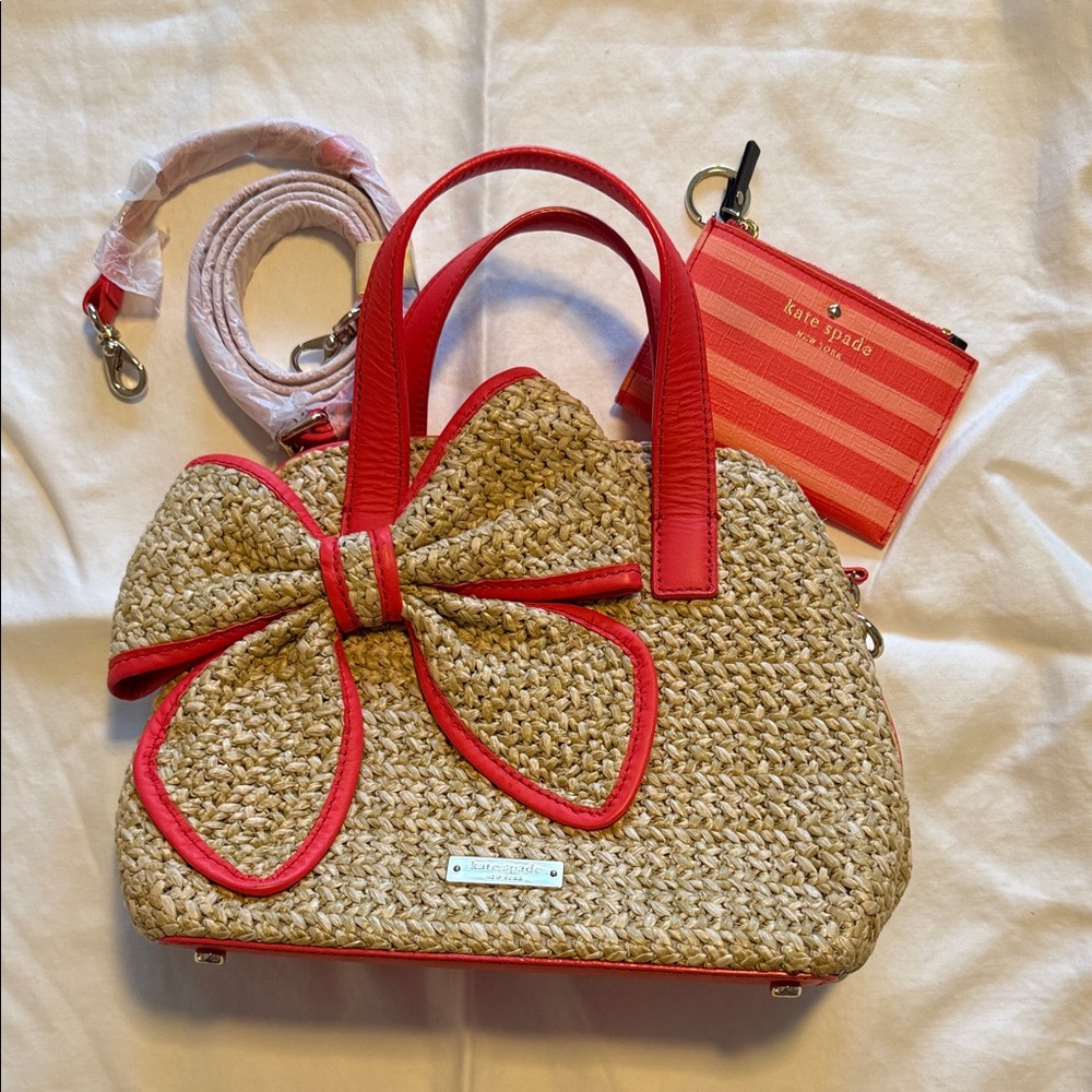 Kate Spade Red and Tan Woven Satchel with Bow